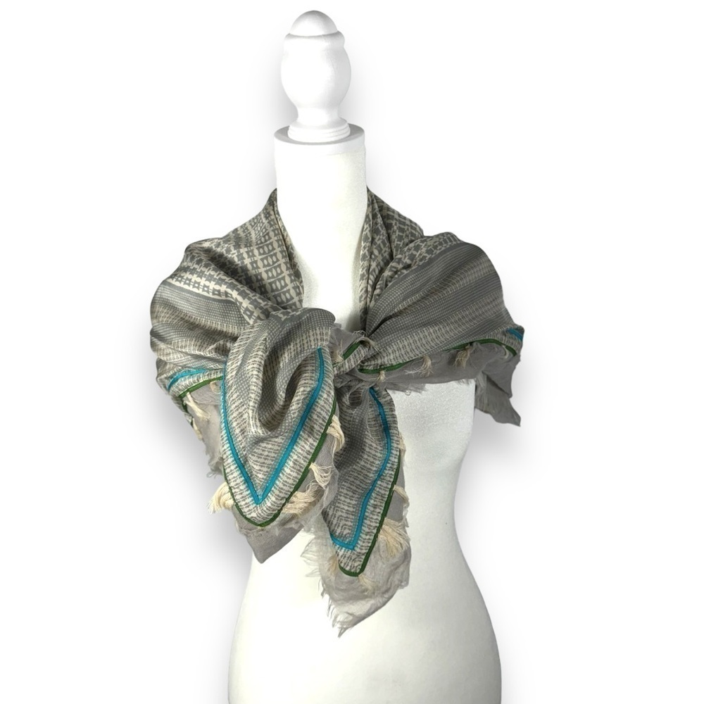 Amet & Ladoue Silk & Wool Fringe Print Scarf, Grey/Blue/Green, 38x40 inches